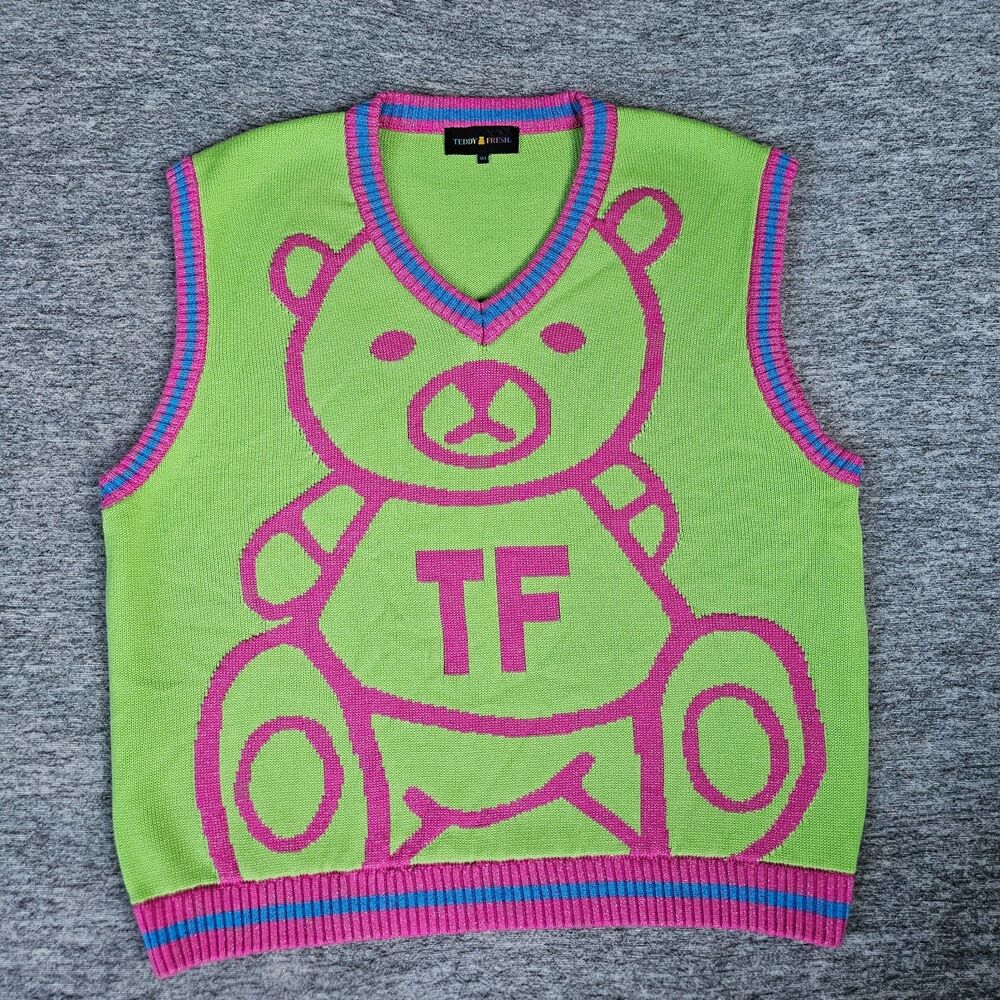 Teddy Fresh Bear Silhouette Intarsia Knit Sweater Vest Green Pink Women's 3XL